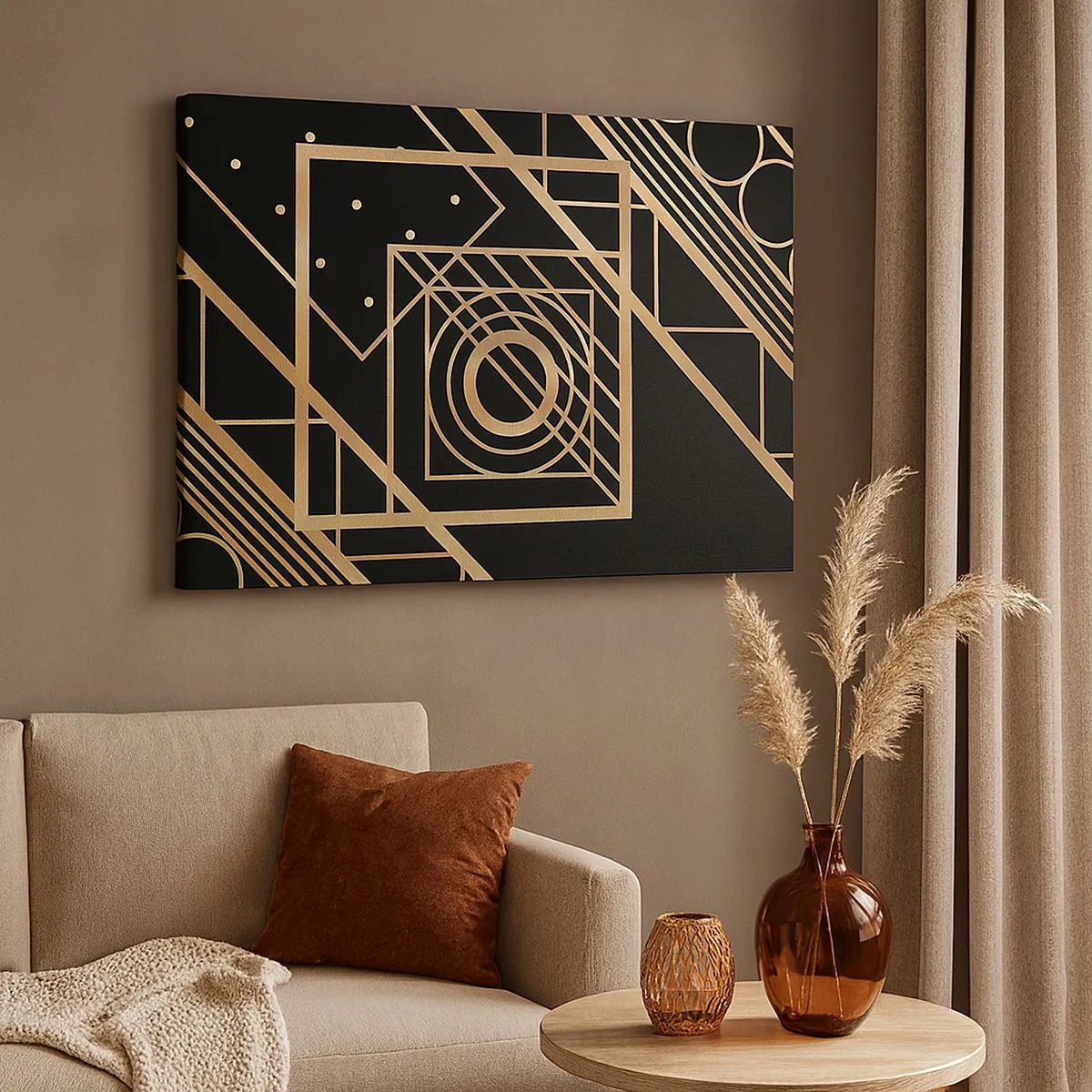 Vászonkép - Arany geometrikus minták fekete háttéren - 70x50cm - Arany geometria - Modern fali dekoráció nappalihoz és hálószobához ARTTOR