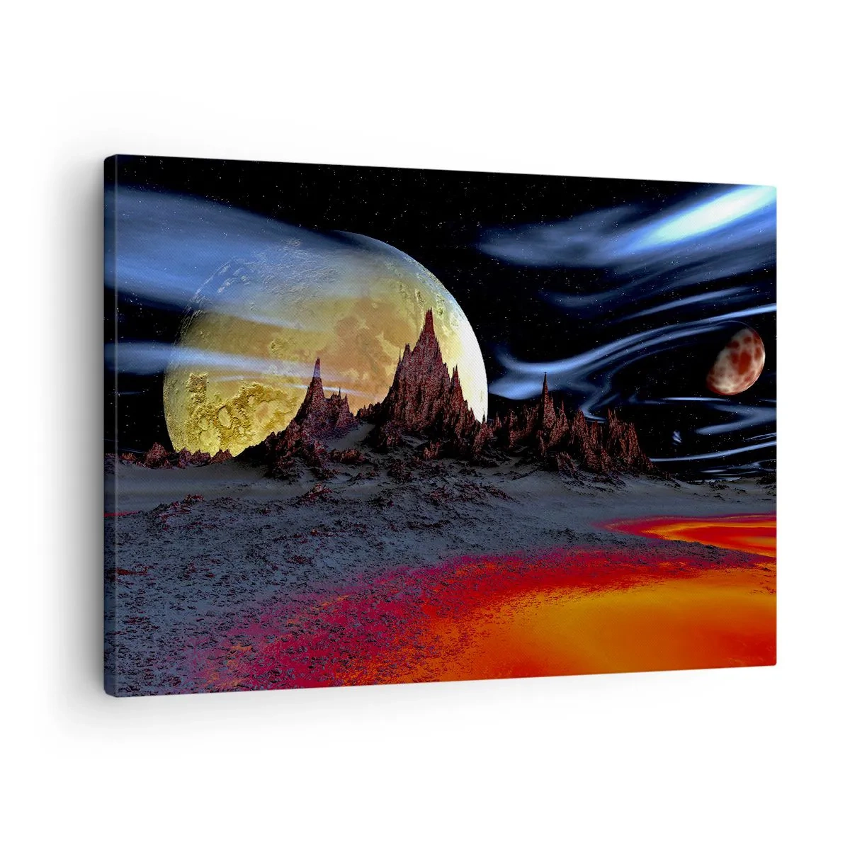 Vászonkép - Fantasztikus táj bolygókkal és vulkáni tájakkal - 70x50cm - Ismeretlen világ - Modern fali dekoráció nappalihoz és hálószobához ARTTOR