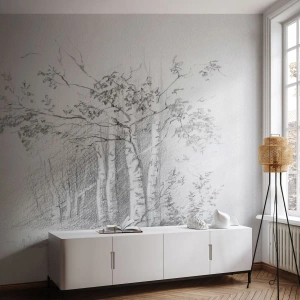Fotótapéta Standard Eco - Ceruzarajz nyírfákról az erdőben - 100x70cm - A nyírerdő fénye - Modern fali dekoráció nappalihoz és hálószobához ARTTOR
