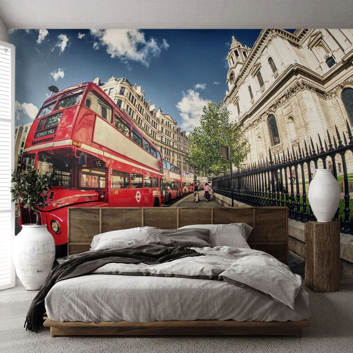 Fotótapéta Premium Sand - Londoni utca szürke és piros színben - Város, London, Piros busz - 250x175 cm