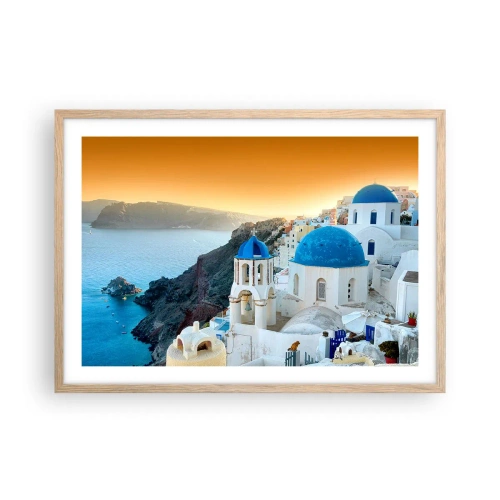 Poszter világos tölgy keretben - Santorini – rásimulva a sziklákra - 70x50 cm