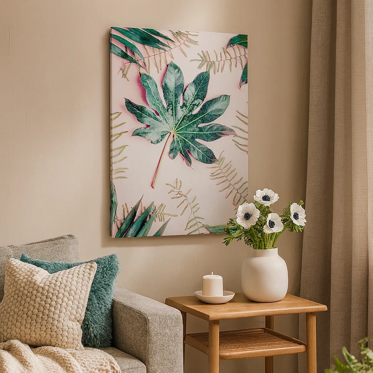 Vászonkép - A zöld tanulmánya a rózsaszín háttérben - 50x70 cm