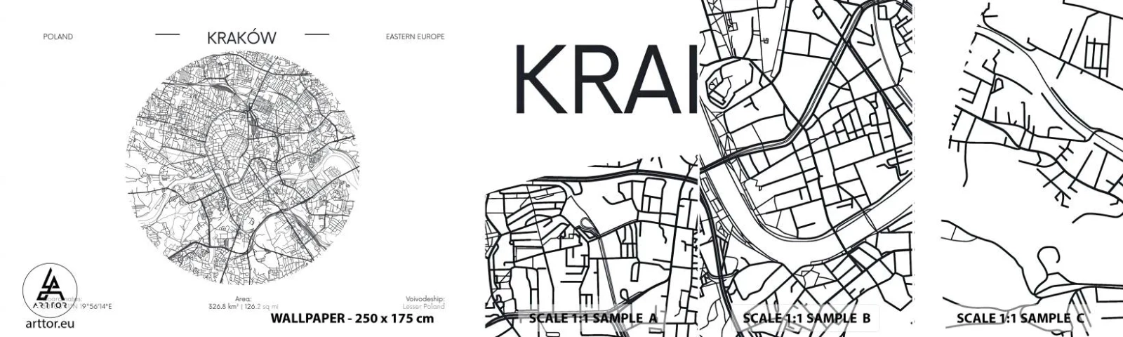 Fotótapéta Minta Standard Eco - Krakkó anatómiája - Térkép, Krakkó, Lengyelország - 100x30 cm