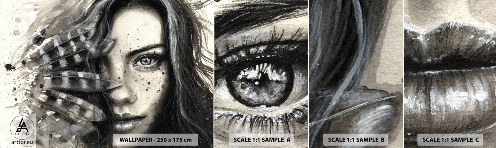 Fotótapéta Minta Öntapadós Deluxe Sticker - Vad gyönyör - Nő, Madártollak, Grafika - 100x30 cm