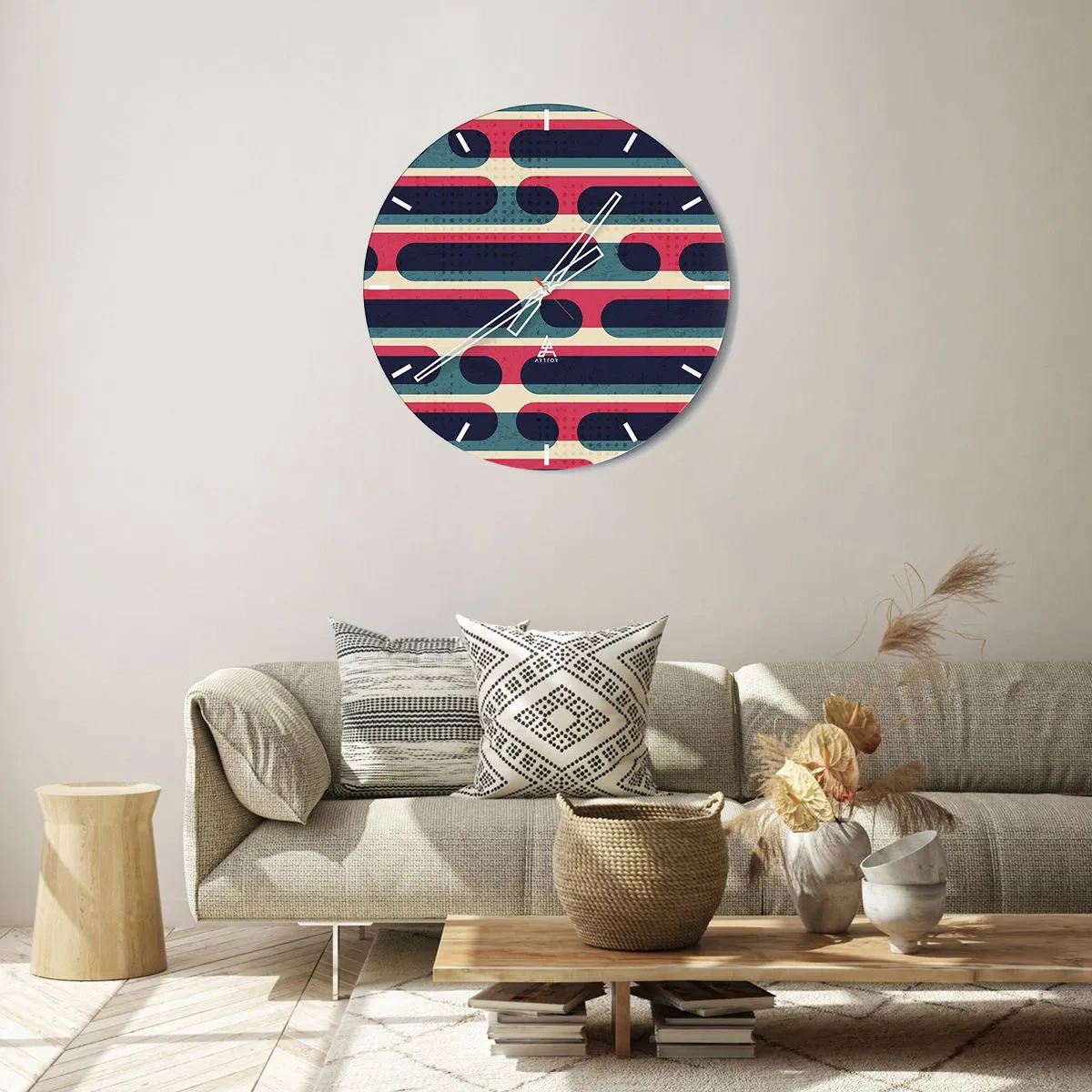 Falióra, Óra - Absztrakt retro minta színes csíkokkal - 30x30cm - Mélységben és előre - Modern fali dekoráció nappalihoz, konyhához és hálószobához ARTTOR