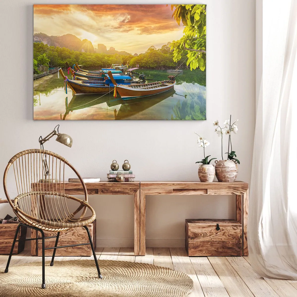 Vászonkép - Hagyományos hajók nyugodt vízen naplementekor - 70x50cm - Egy dolgos nap előtt - Modern fali dekoráció nappalihoz és hálószobához ARTTOR