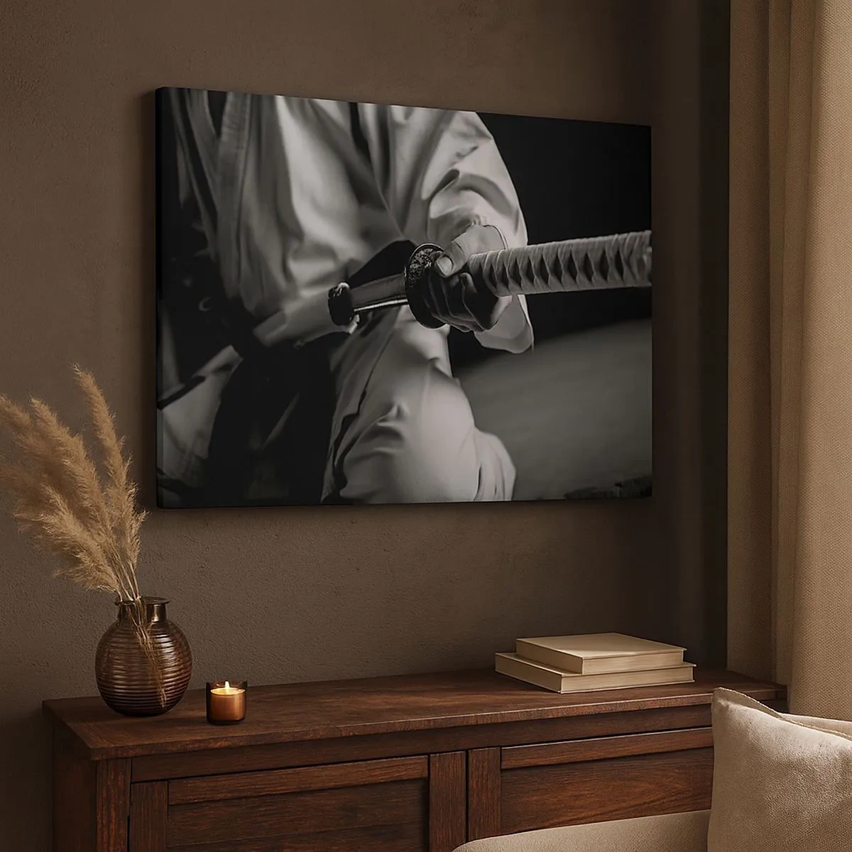 Vászonkép - Egy kimonós szamuráj, aki fekete-fehér katanát tart a kezében. - 70x50cm - Harcos lelke - Modern fali dekoráció nappalihoz és hálószobához ARTTOR