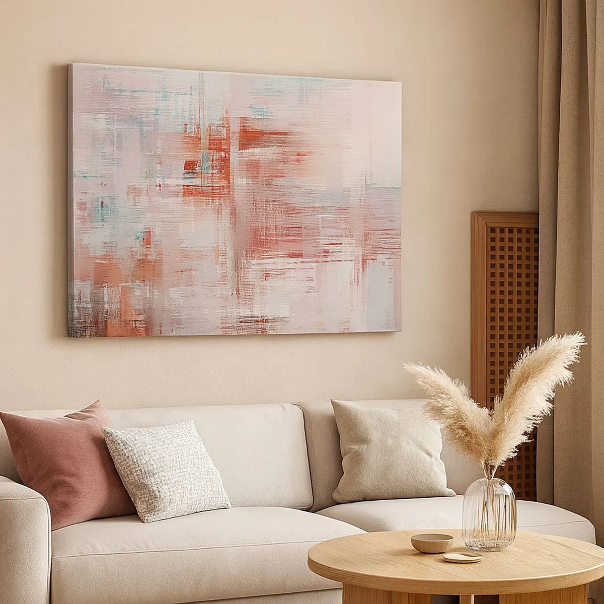 Vászonkép - Egy absztrakt kompozíció vörös és pasztellszínekkel. - 70x50cm - Ködös. De rózsaszín - Modern fali dekoráció nappalihoz és hálószobához ARTTOR