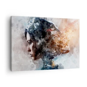 Vászonkép - Egy nő portréja, amely az arcát a háttérben látható városi tájjal ötvözi - 70x50cm - Történet egy lányról, várossal a háttérben - Modern fali dekoráció nappalihoz és hálószobához ARTTOR