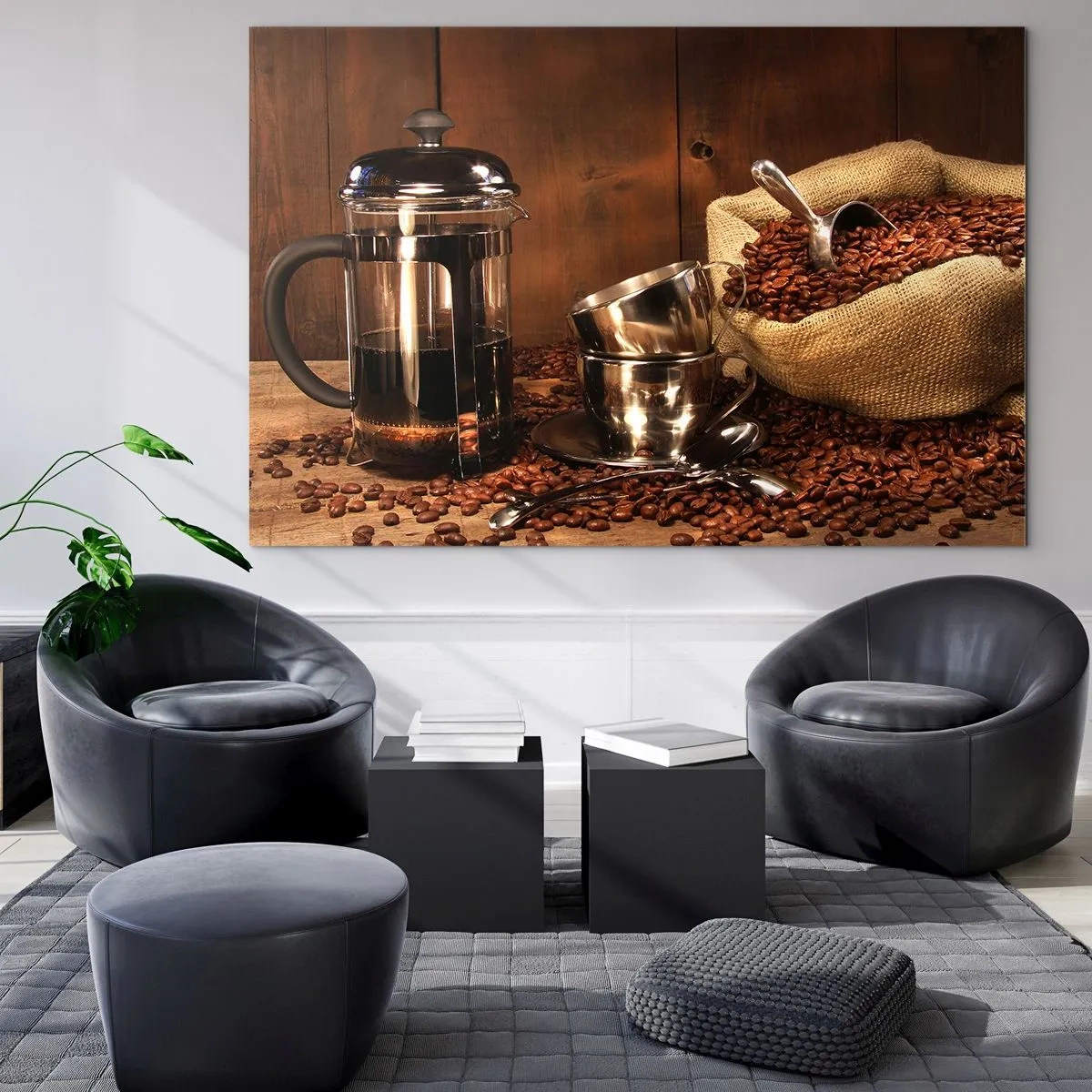 Üveg kép - Kávéfőző, csészék és egy zacskó kávébab - 70x50cm - A kávé varázsa - aroma és íz - Modern fali dekoráció nappalihoz és hálószobához ARTTOR