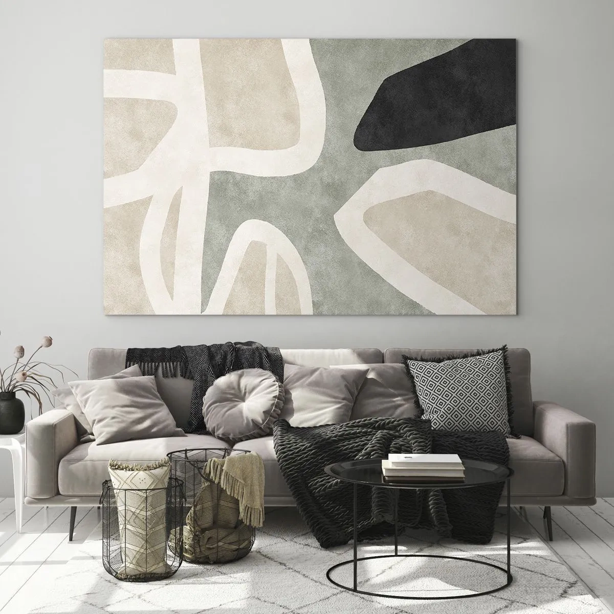 Üveg kép - Absztrakt formák bézs és zöld színben, egy csipetnyi feketével - 70x50cm - Kompozíció fekete témával - Modern fali dekoráció nappalihoz és hálószobához ARTTOR