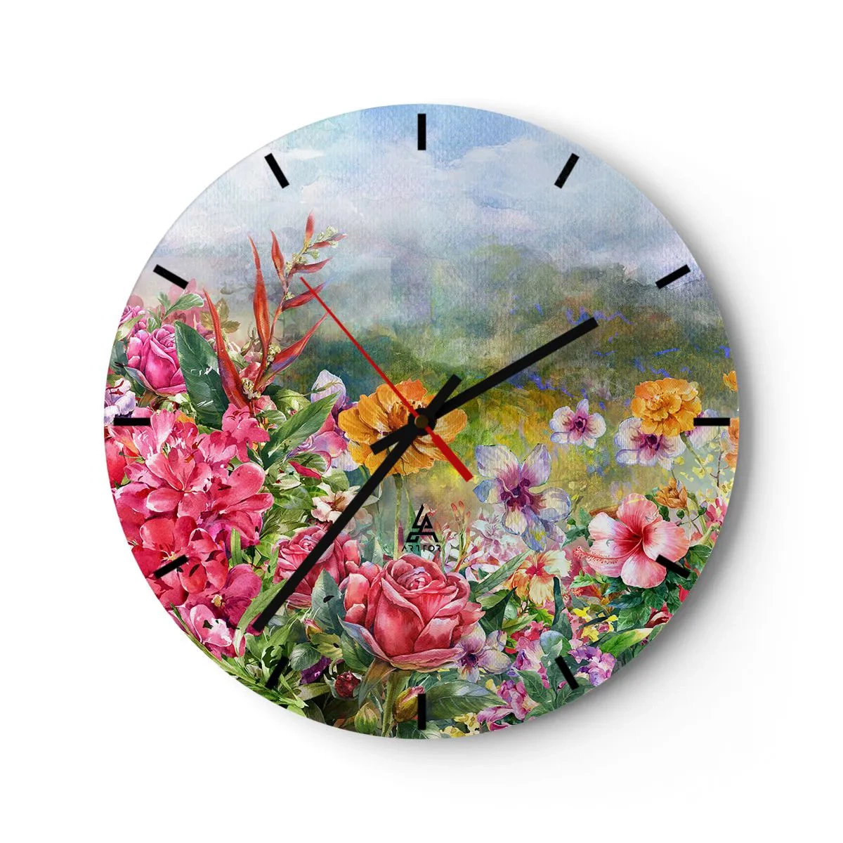 Falióra, Óra - Egy színes kert tele virágokkal, egy tájkép hátterében - 30x30cm - A kert, amelyik megőrült - Modern fali dekoráció nappalihoz, konyhához és hálószobához ARTTOR
