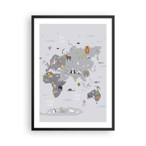 Poszter fehér keretben - Világtérkép színes állatokkal gyerekeknek - 50x70cm - Mondd meg, hogy honnan jöttél... - Modern fali dekoráció nappalihoz és hálószobához ARTTOR