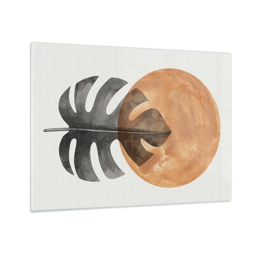 Üveg kép - Monstera levél és narancssárga kör grafikus stílusban fehér háttéren. - 70x50cm - Mindig a nap - Modern fali dekoráció nappalihoz és hálószobához ARTTOR