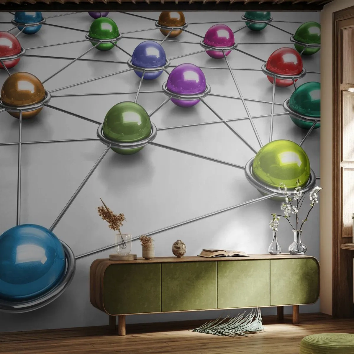 Öntapadós Fotótapéta Deluxe Sticker - Kozmikus pókháló - Absztrakció, Fém golyók, 3D - 300x210 cm