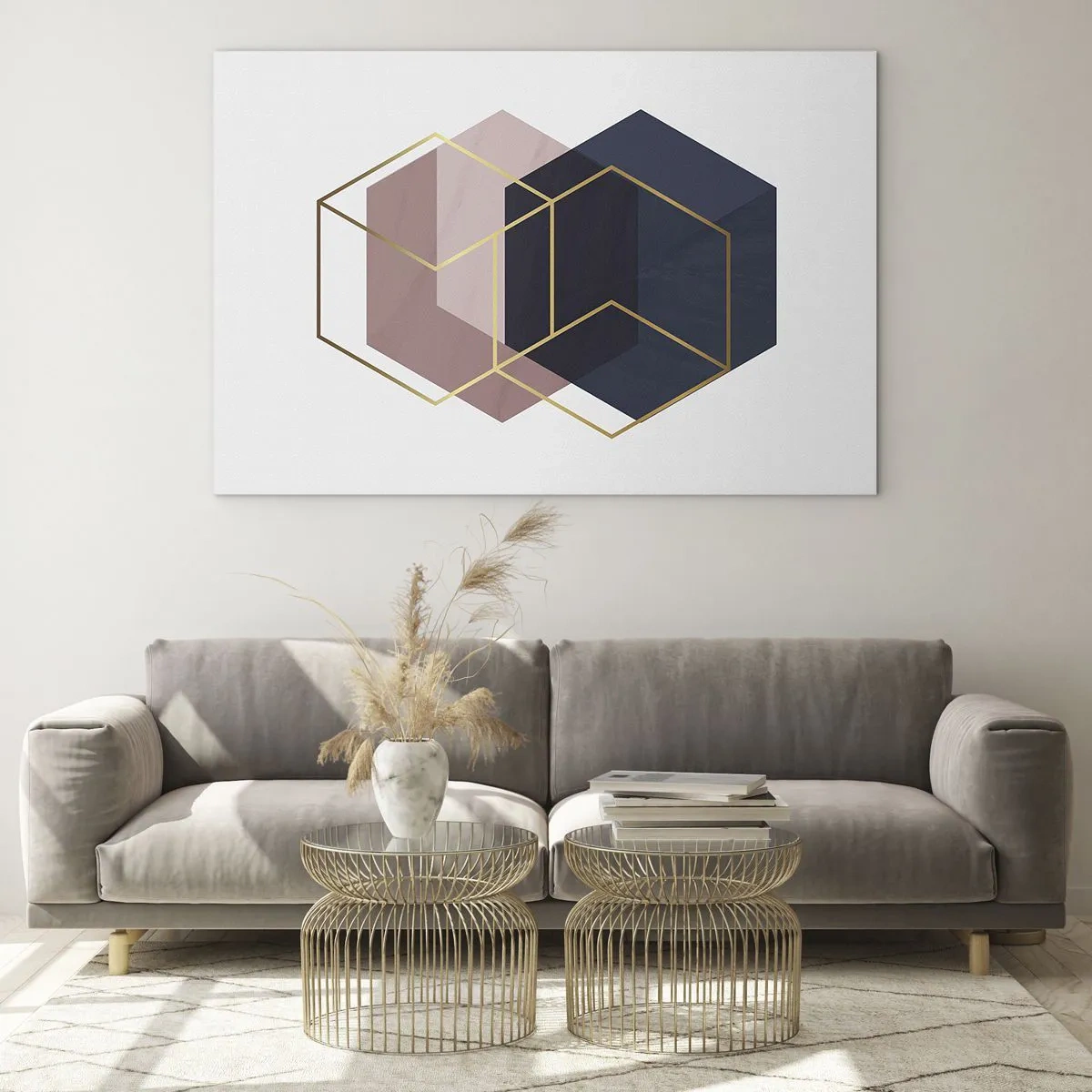 Üveg kép - Aranyszínű kockák körvonalai sötétkék és rózsaszín tömör anyagok hátterében - 70x50cm - Az egyszerűség ereje - Modern fali dekoráció nappalihoz és hálószobához ARTTOR