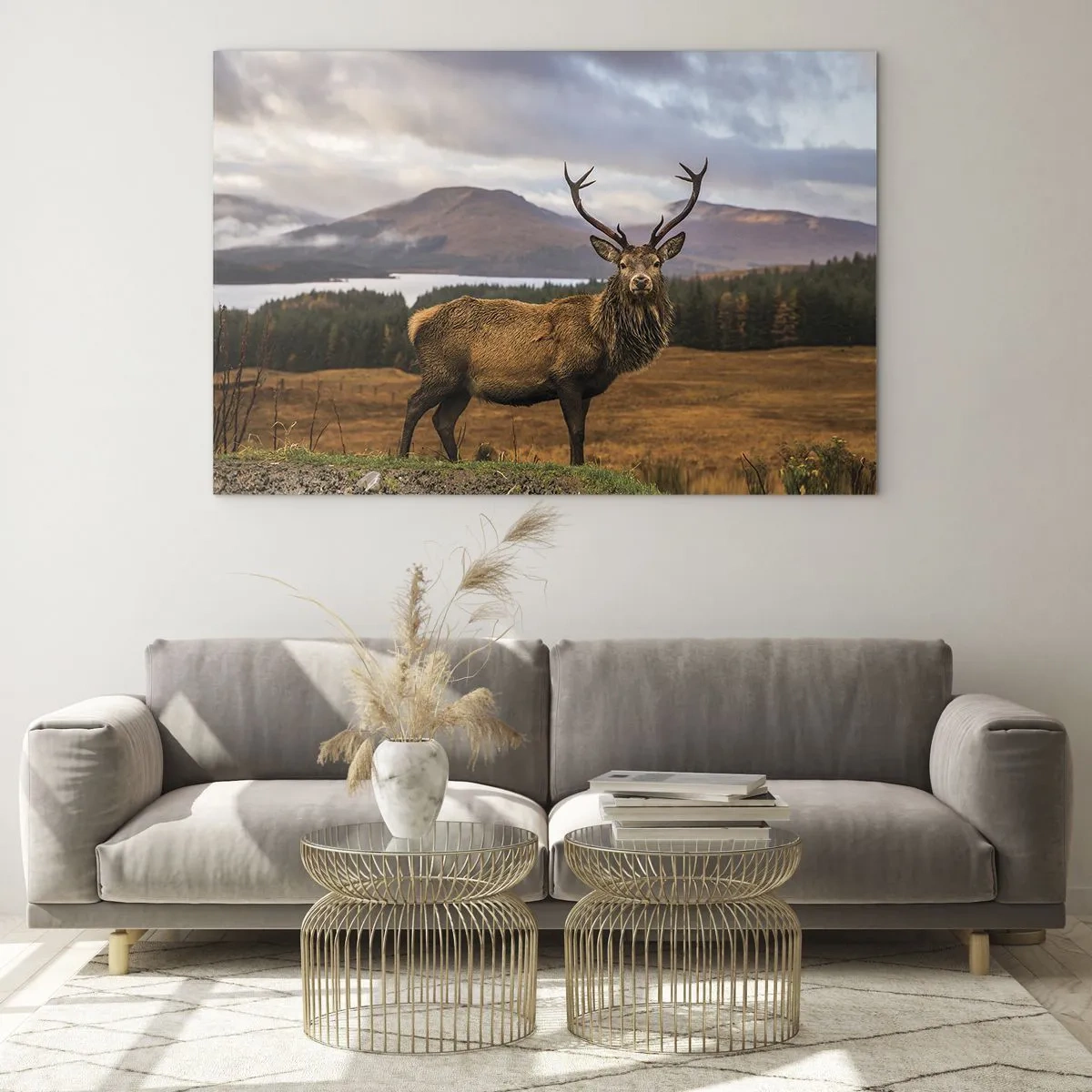 Üveg kép - Szarvasok a festői hegyek és erdők hátterében - 70x50cm - A természet fensége - Modern fali dekoráció nappalihoz és hálószobához ARTTOR