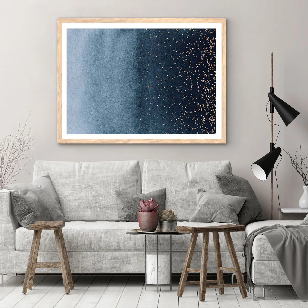 Poszter világos tölgy keretben - Kompozíció - kék fázisok - 100x70 cm