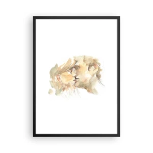 Poszter fehér keretben - Egy gyengéd csókot kötő pár finom akvarell portréja. - 50x70cm - Meglelt másik fél? - Modern fali dekoráció nappalihoz és hálószobához ARTTOR