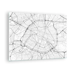 Üveg kép - Fekete-fehér várostérkép utcaráccsal és kör alakú artériákkal - 70x50cm - Párizs virága - Modern fali dekoráció nappalihoz és hálószobához ARTTOR