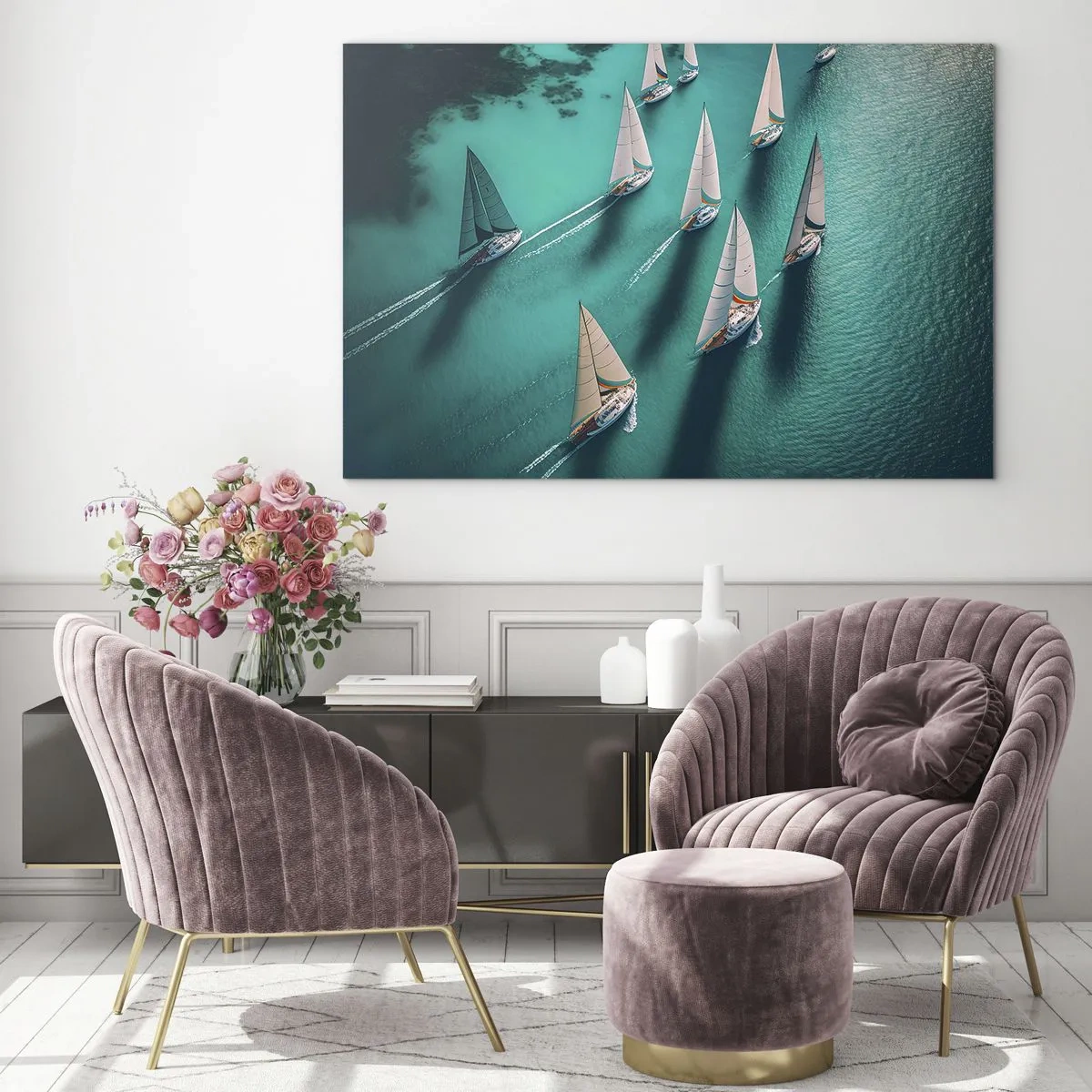 Üveg kép - Vitorlások türkizkék vízen madártávlatból - 70x50cm - Versengés a széllel - Modern fali dekoráció nappalihoz és hálószobához ARTTOR