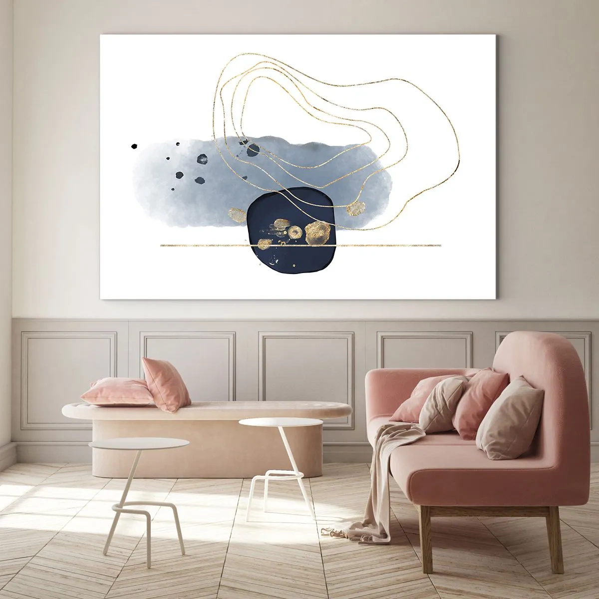 Üveg kép - Absztrakt kompozíció kék és arany árnyalatokban - 70x50cm - Kékes-arany fantázia - Modern fali dekoráció nappalihoz és hálószobához ARTTOR