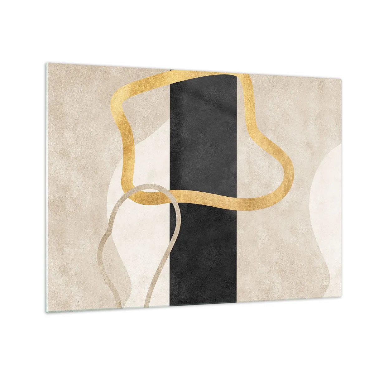 Üveg kép - Arany és bézs vonalak alkotnak hurkolt formákat fekete csíkos háttér előtt. - 70x50cm - Hurkolt formák - Modern fali dekoráció nappalihoz és hálószobához ARTTOR