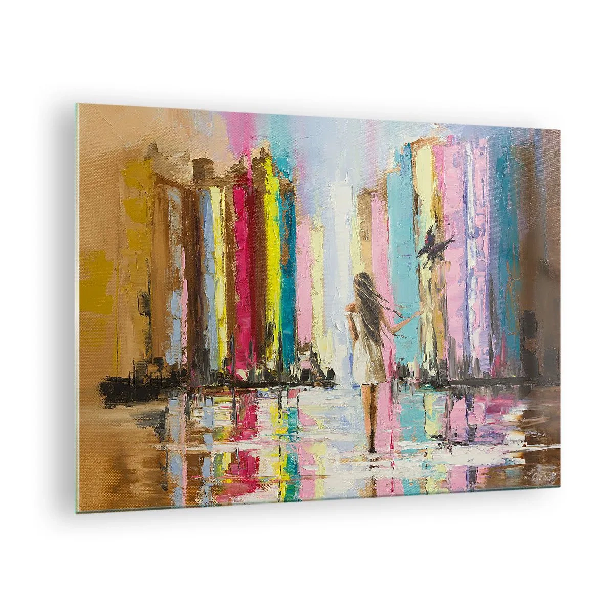 Üveg kép - Egy nő egy madárral a színes épületek hátterében - 70x50cm - Kövessél - Modern fali dekoráció nappalihoz és hálószobához ARTTOR