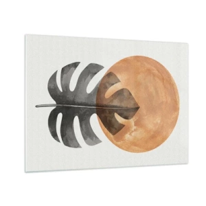 Üveg kép - Monstera levél és narancssárga kör grafikus stílusban fehér háttéren. - 70x50cm - Mindig a nap - Modern fali dekoráció nappalihoz és hálószobához ARTTOR