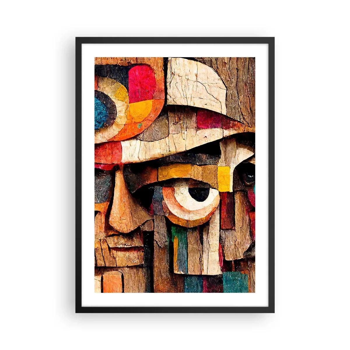 Poszter fehér keretben - Egy absztrakt arc színes fakockákból. - 50x70cm - Látlak téged... - Modern fali dekoráció nappalihoz és hálószobához ARTTOR