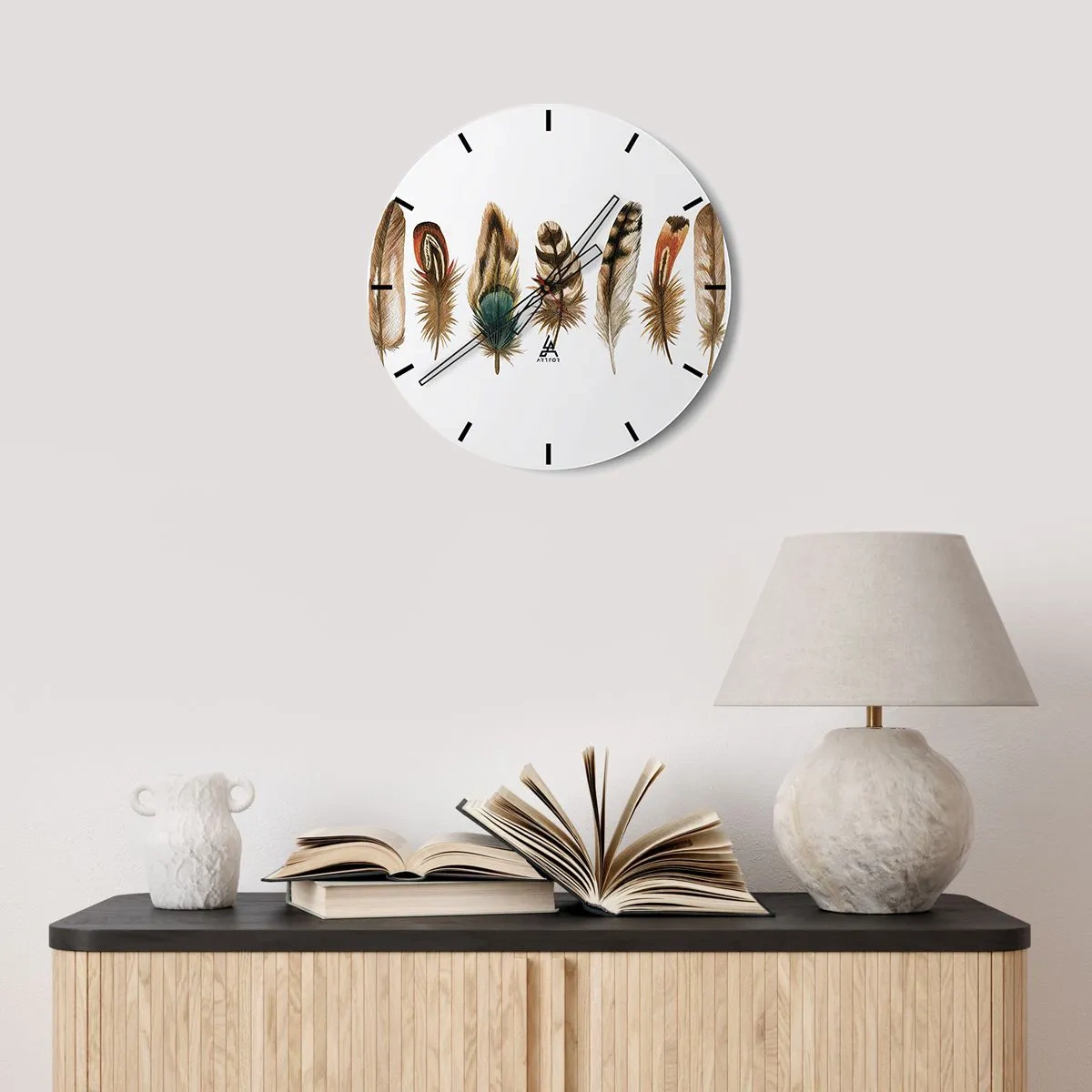 Falióra, Óra - Színes tollak művészi elrendezésben - 30x30cm - Tollas variáció - Modern fali dekoráció nappalihoz, konyhához és hálószobához ARTTOR