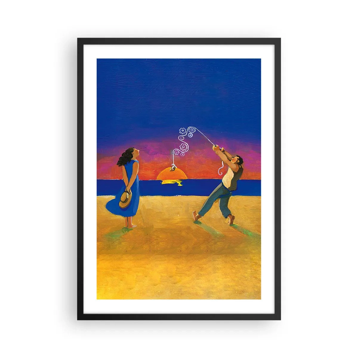 Poszter fehér keretben - Alakok a tengerparton naplementekor - 50x70cm - Több, mint egy csillag az égből - Modern fali dekoráció nappalihoz és hálószobához ARTTOR