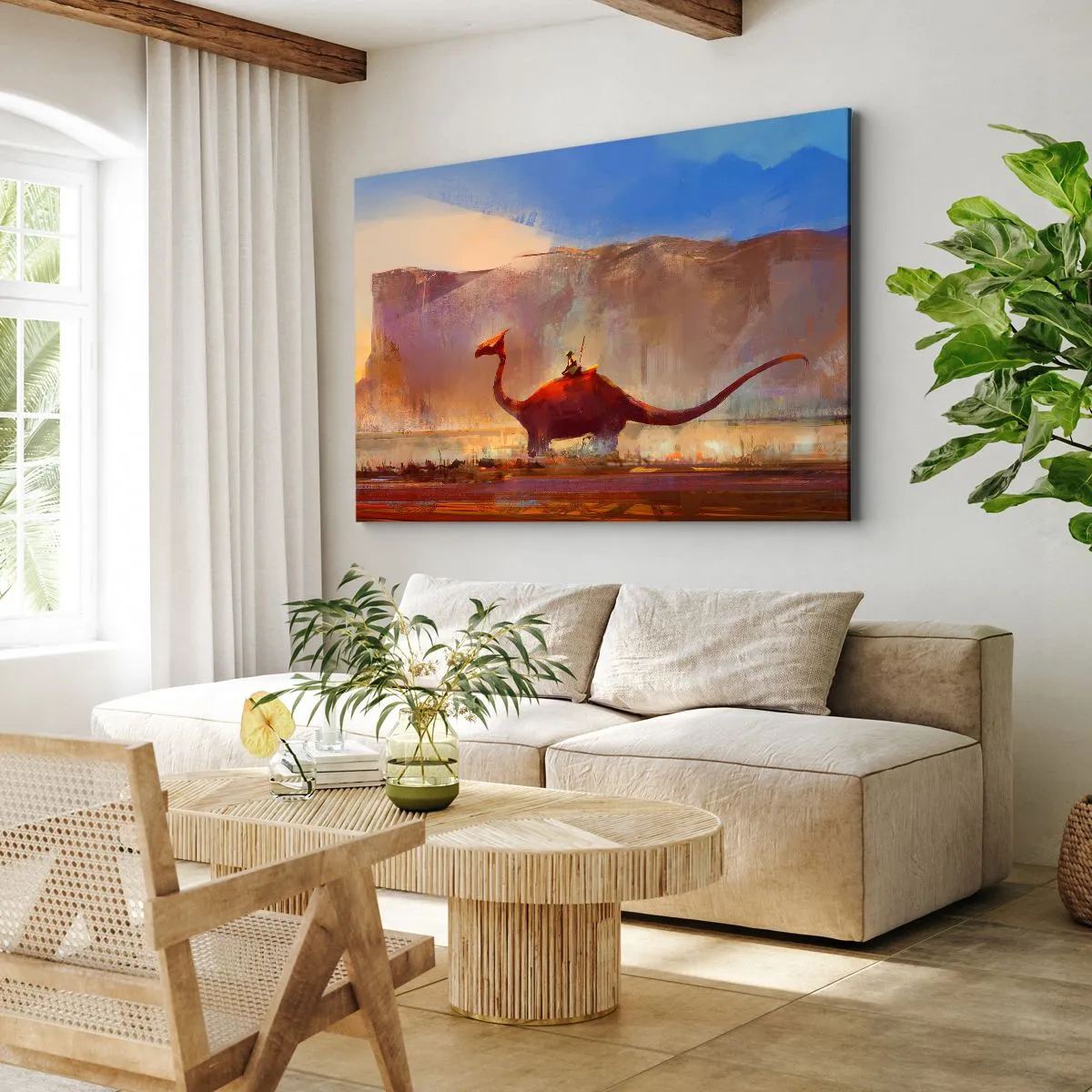 Vászonkép - Egy fantasy jelenet egy őskori lény hátán lovagolóval - 70x50cm - Ha nem haltak volna ki - Modern fali dekoráció nappalihoz és hálószobához ARTTOR