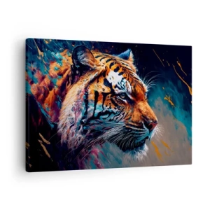 Vászonkép - Tigris portréja dinamikus, absztrakt színekben - 70x50cm - Vad szépség - Modern fali dekoráció nappalihoz és hálószobához ARTTOR