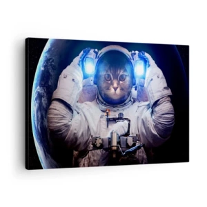 Vászonkép - Egy macska űrhajósruhában, a Földdel a háttérben és egy erős fénnyel. - 70x50cm - Houston, baj van - Modern fali dekoráció nappalihoz és hálószobához ARTTOR
