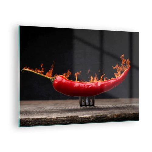Üveg kép - Égő piros chili paprika fekete alapon - 70x50cm - Tüzes előétel - Modern fali dekoráció nappalihoz és hálószobához ARTTOR