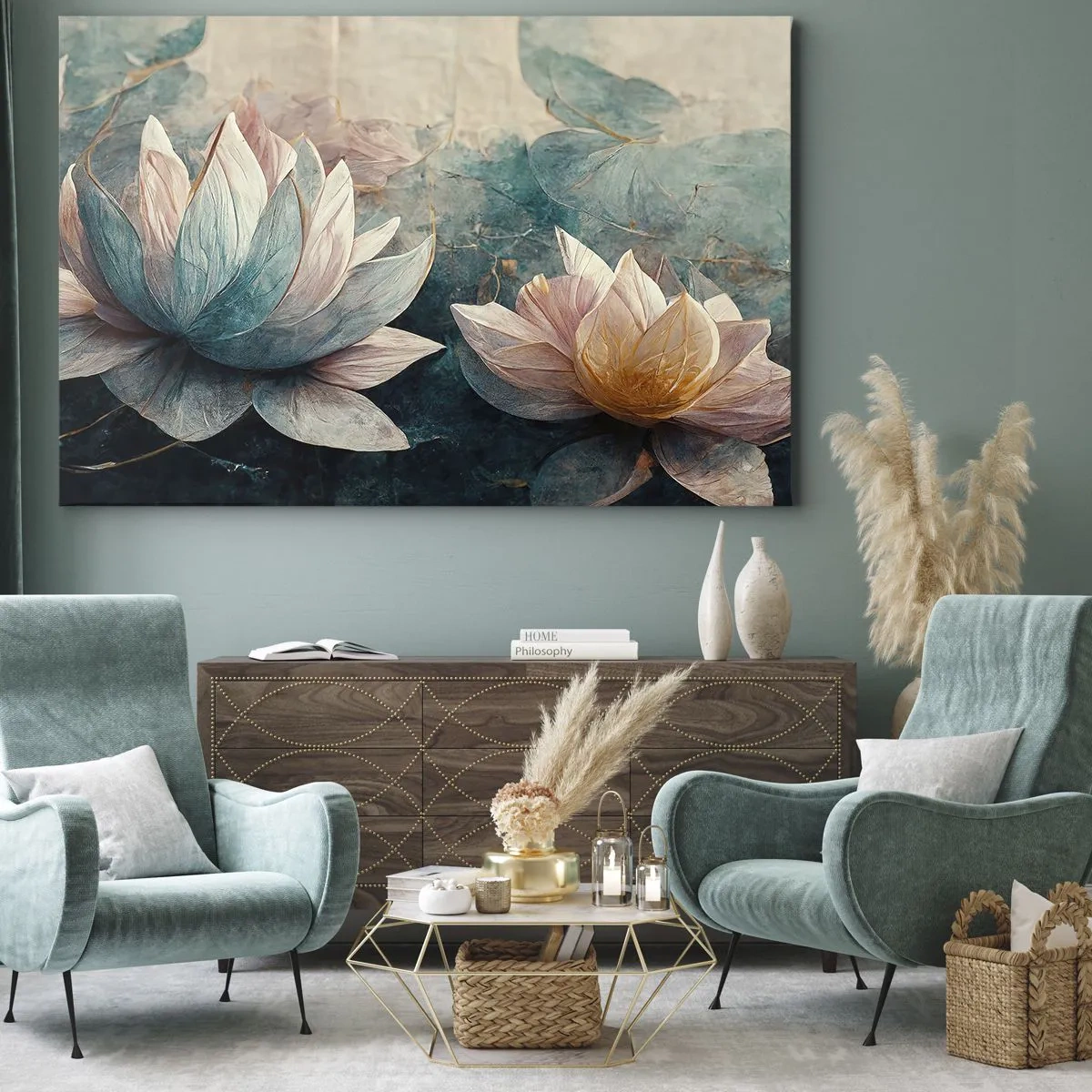 Vászonkép - Finom tavirózsák pasztell kék és arany árnyalatokban - 70x50cm - Tavi csillagok - Modern fali dekoráció nappalihoz és hálószobához ARTTOR