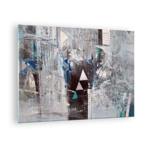 Üveg kép - Geometriai háromszögek egy absztrakt kompozíció hátterében, szürke árnyalatokban. - 70x50cm - A háromszögek felülíró sorrendje - Modern fali dekoráció nappalihoz és hálószobához ARTTOR