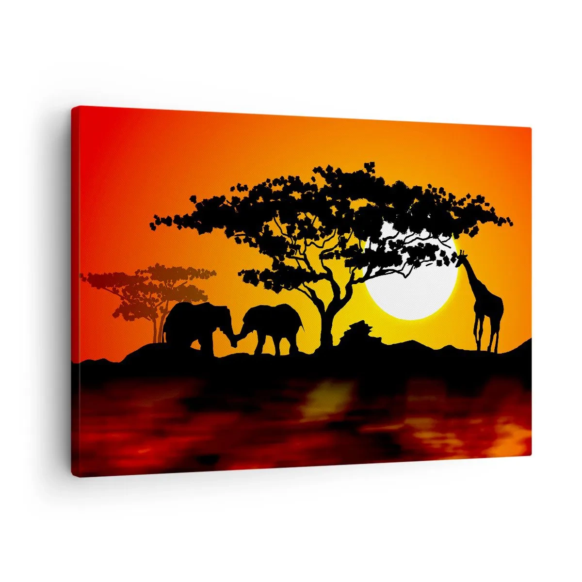 Vászonkép - Afrikai naplemente elefántok és zsiráfok sziluettjeivel a víz felett - 70x50cm - Találkozás a szavannán - Modern fali dekoráció nappalihoz és hálószobához ARTTOR