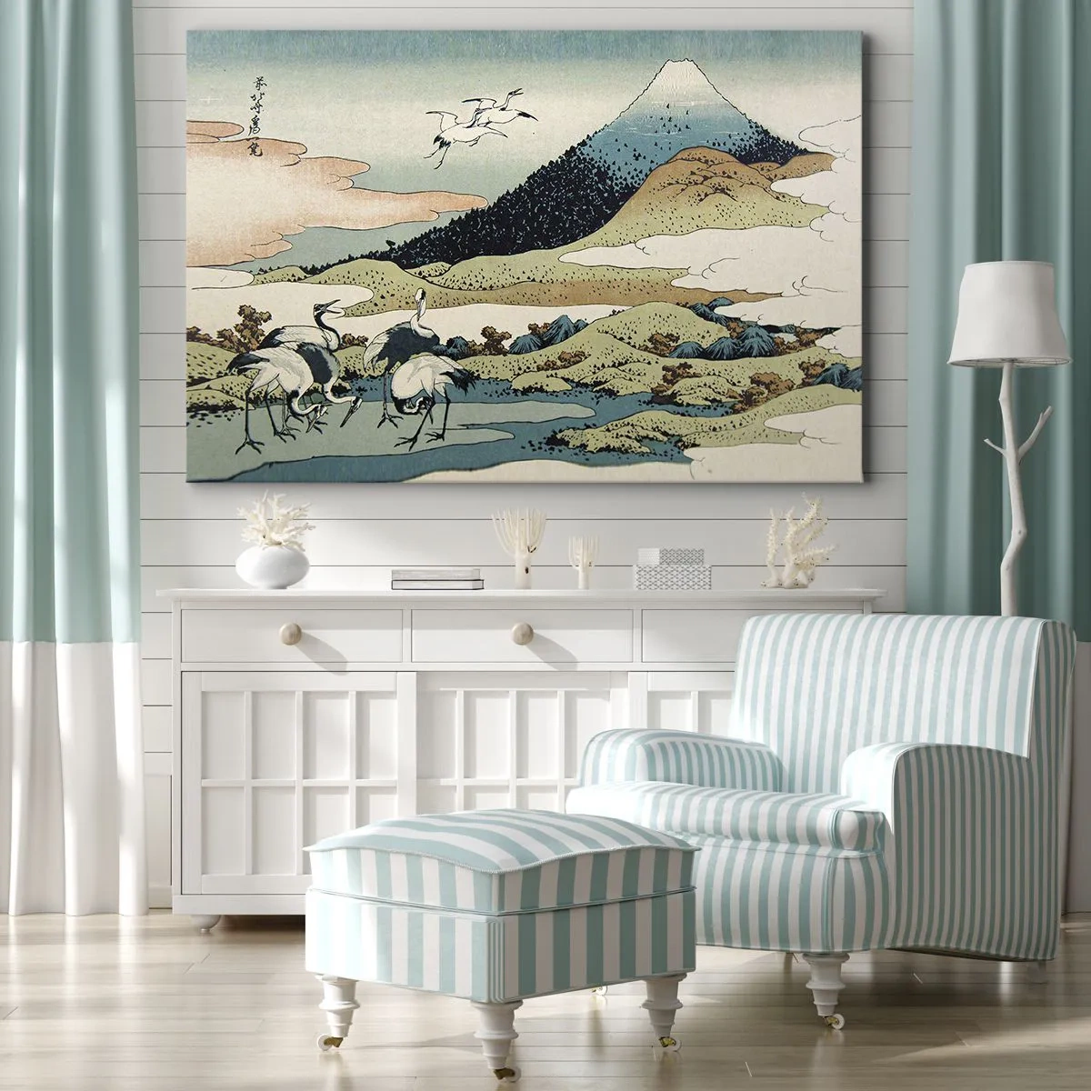 Vászonkép - Hagyományos japán grafika hegyekkel és darukkal - 70x50cm - Japán lélekben - Modern fali dekoráció nappalihoz és hálószobához ARTTOR
