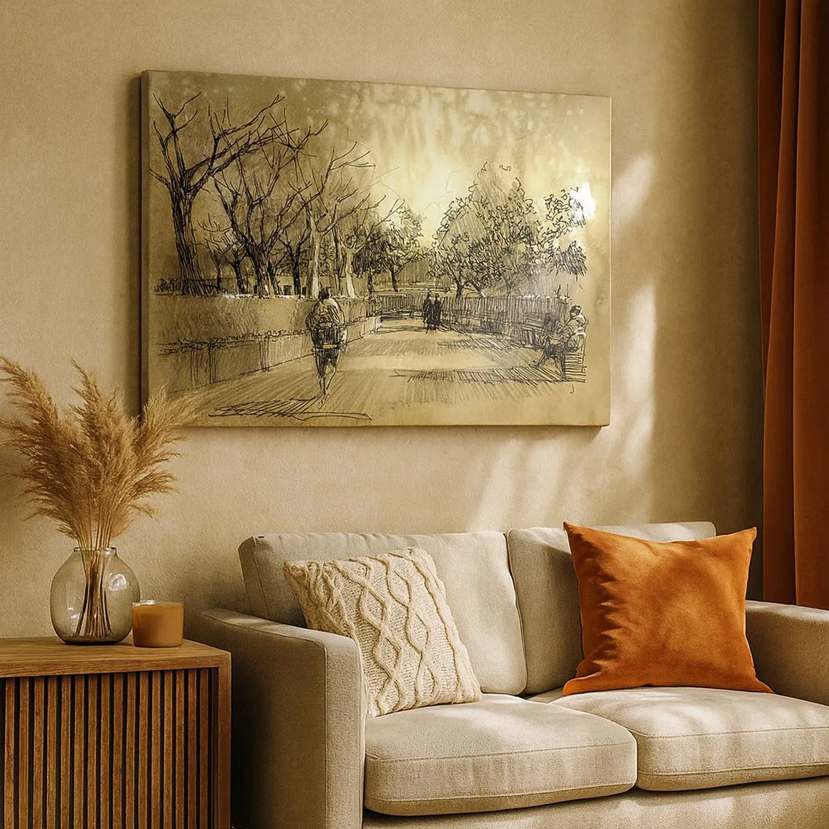 Vászonkép - Egy rajzfilmjelenet egy parkról, ahol az emberek meleg tónusokban sétálnak. - 70x50cm - Egy tollal megállított pillanat - Modern fali dekoráció nappalihoz és hálószobához ARTTOR