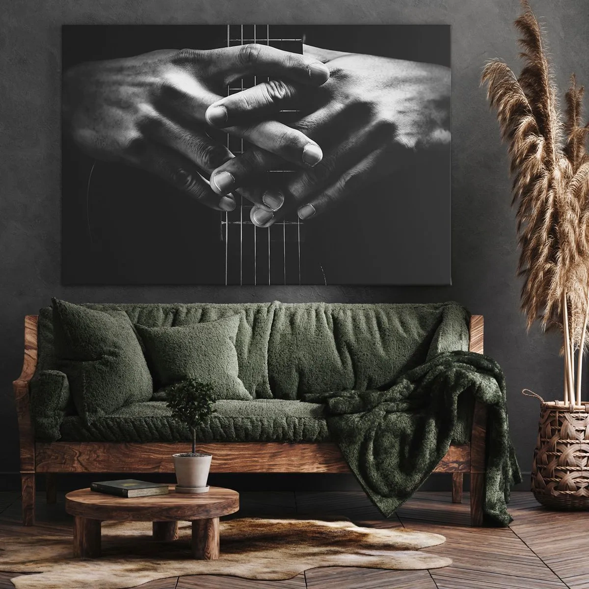 Vászonkép - Kezek összekulcsolva egy gitáron, monokróm hangon - 70x50cm - Művész imája - Modern fali dekoráció nappalihoz és hálószobához ARTTOR