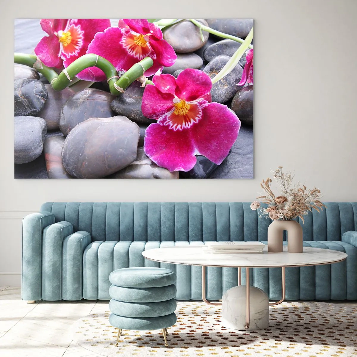 Üveg kép - Rózsaszín orchideák bambusszal a köveken - 70x50cm - Hideg és forró - Modern fali dekoráció nappalihoz és hálószobához ARTTOR
