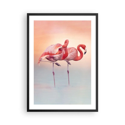 Poszter fehér keretben - Flamingók pasztell naplemente hátterében - 50x70cm - A lenyugvó nap színe - Modern fali dekoráció nappalihoz és hálószobához ARTTOR