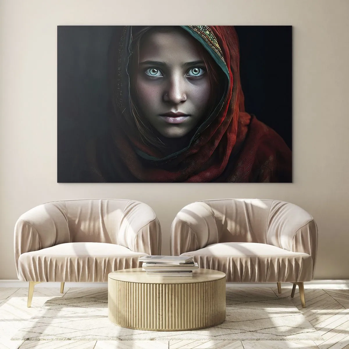 Üveg kép - Portré egy nőről piros sállal sötét háttér előtt - 70x50cm - Keleti hercegnő - Modern fali dekoráció nappalihoz és hálószobához ARTTOR