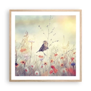 Poszter világos tölgy keretben - Madárportré egy réttel a háttérben - 60x60 cm
