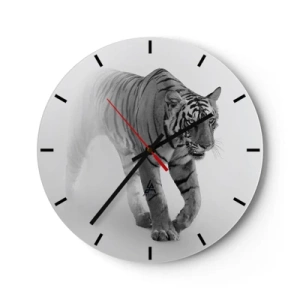 Falióra, Óra - Realisztikus tigris fekete-fehér stílusban fehér háttérrel - 30x30cm - Elrejtőzik a ködben - Modern fali dekoráció nappalihoz, konyhához és hálószobához ARTTOR