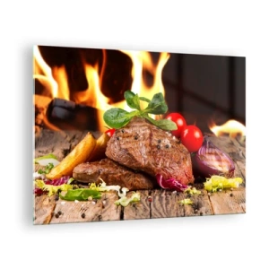 Üveg kép - Grillezett steak zöldségekkel a lángok hátterében - 70x50cm - Parázzsal elővarázsolva - Modern fali dekoráció nappalihoz és hálószobához ARTTOR