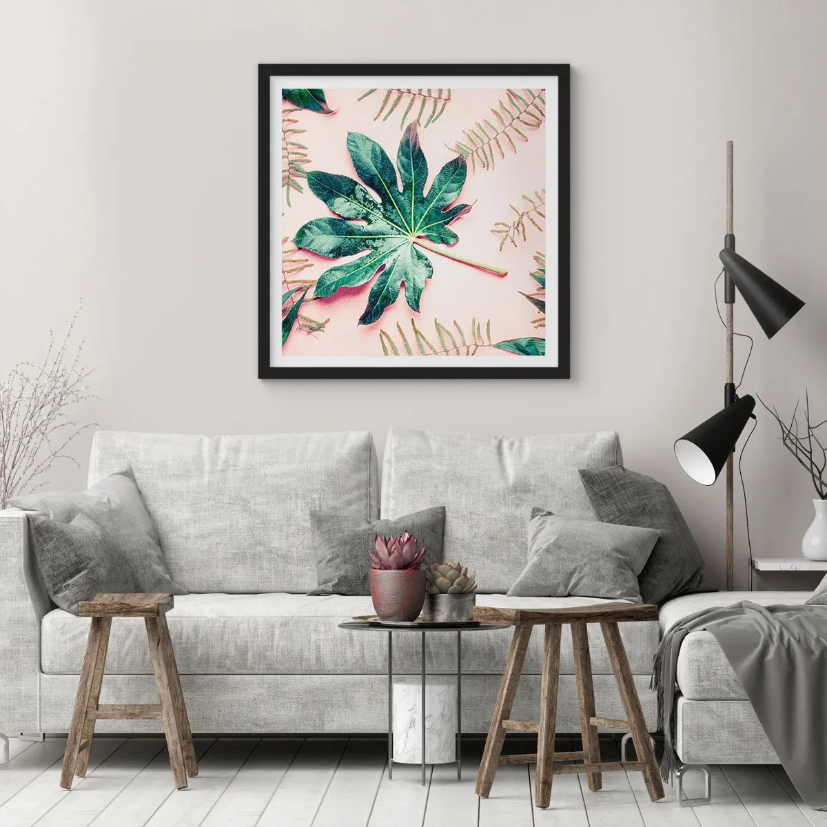 Poszter fehér keretben - A zöld tanulmánya a rózsaszín háttérben - 50x50 cm