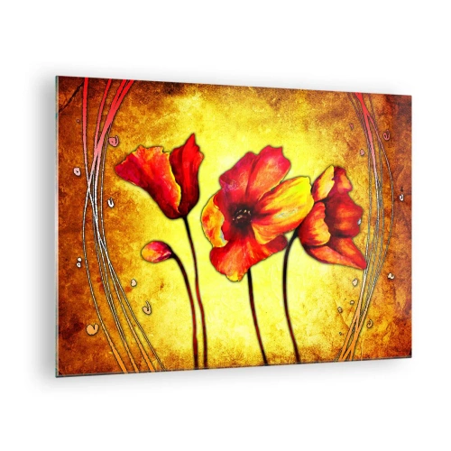 Üveg kép - Piros pipacsok művészi részletekkel díszített, arany árnyalatú háttér előtt - 70x50cm - Szecessziós díszítésben - Modern fali dekoráció nappalihoz és hálószobához ARTTOR
